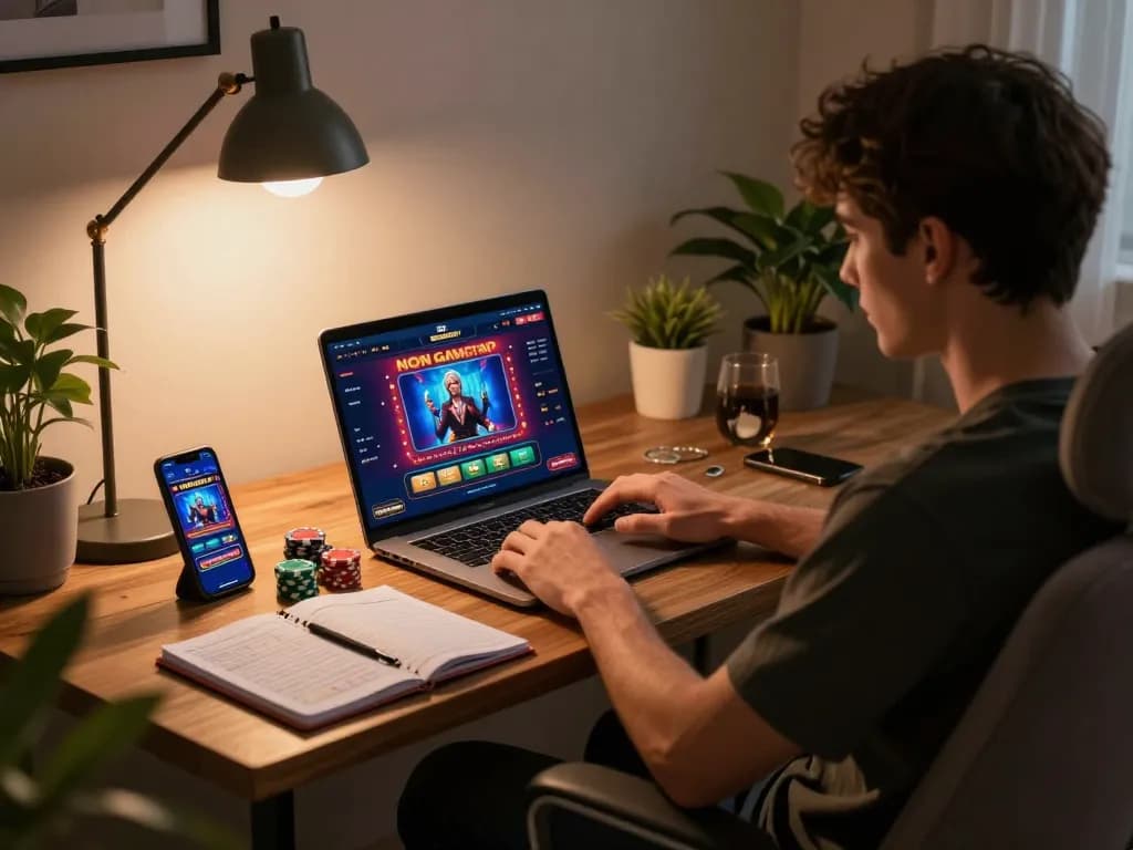 Engaging gameplay at a non Gamstop online casino with a laptop and smartphone on a stylish desk.