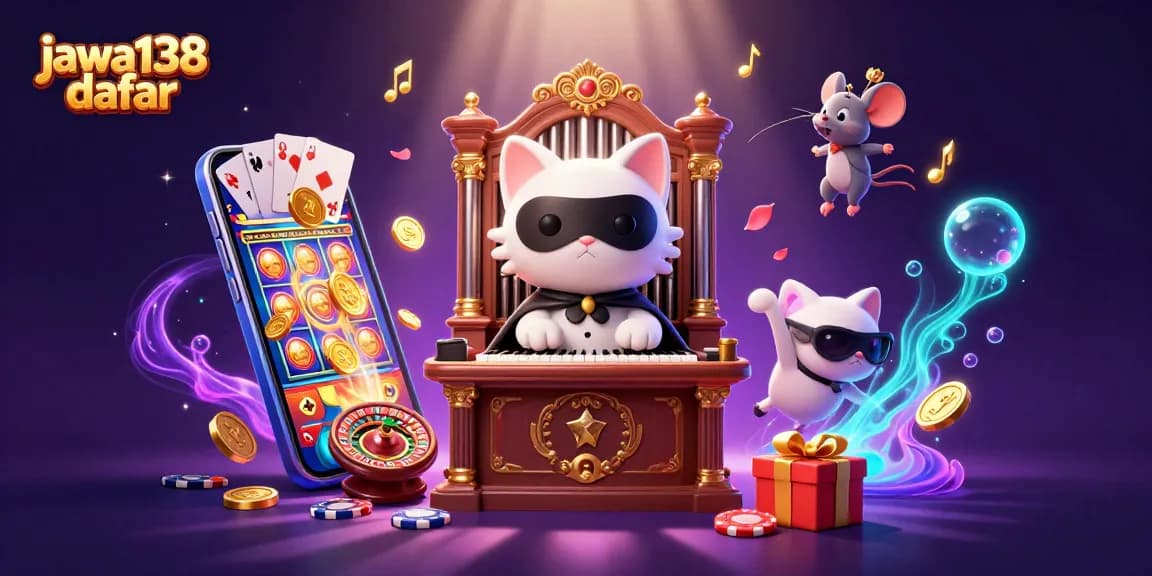 Jawa138 daftar menampilkan ilustrasi kasino menarik dengan kucing dan mouse akrobat di organ, simbol kemenangan dan nuansa berkilauan.