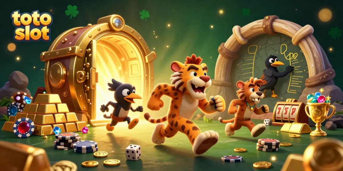 Experience thrilling 'toto slot' action with caveman duo and treasure-filled casino.