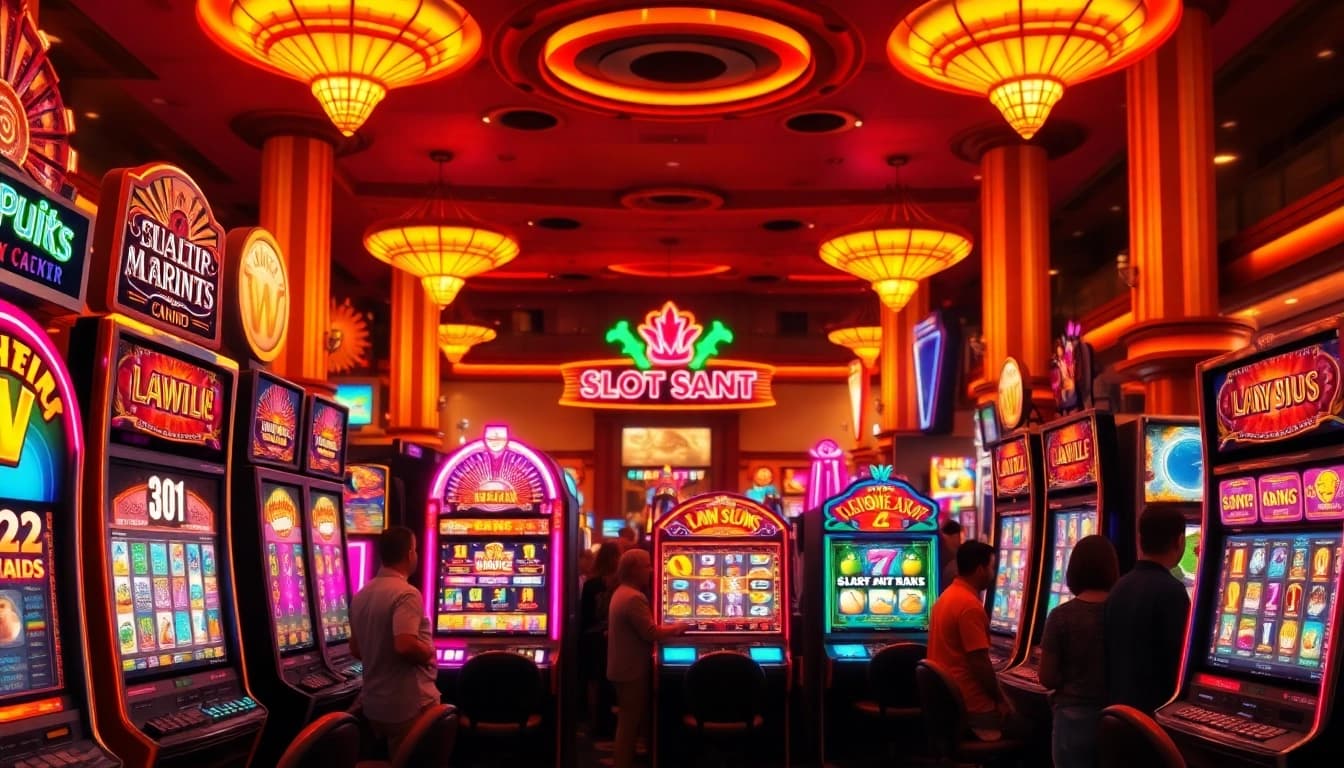 Permainan Slot Game yang menarik dengan mesin slot warna-warni di kasino.