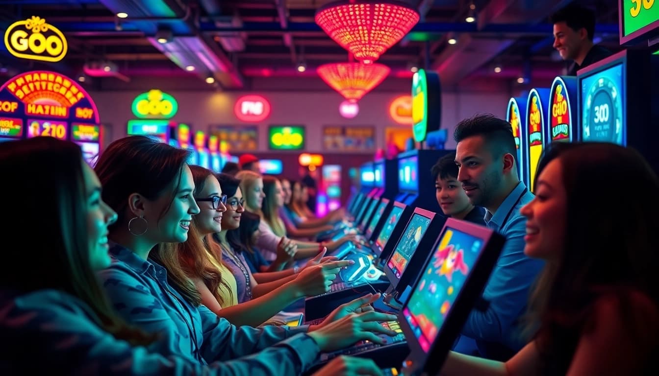 Exciting players enjoying the GO 88 gaming experience, showcasing vibrant digital graphics and a lively atmosphere.