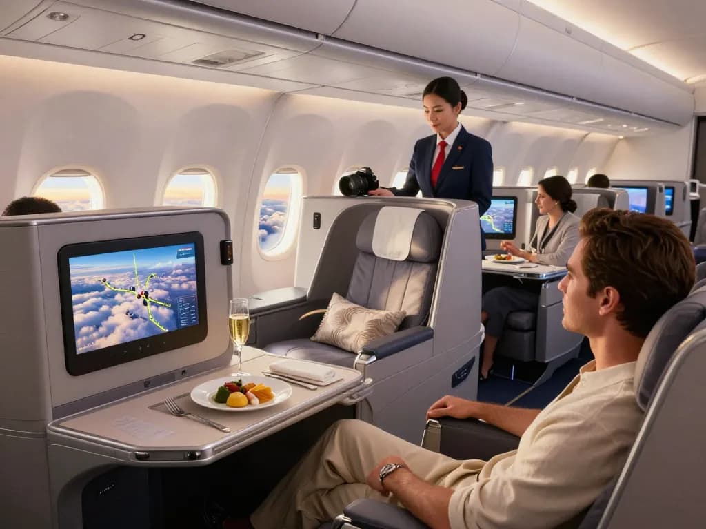 Passenger enjoying premium 789P aircraft experience with gourmet meal and stunning views.