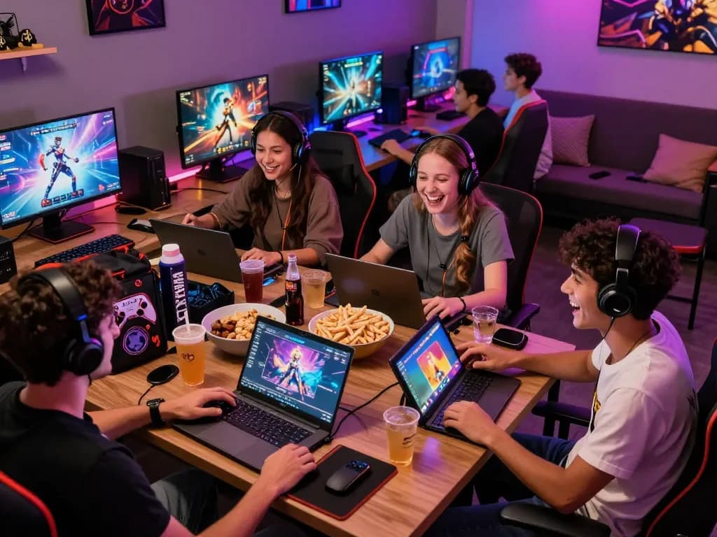 Friends playing porngames in a lively gaming lounge with snacks and devices.