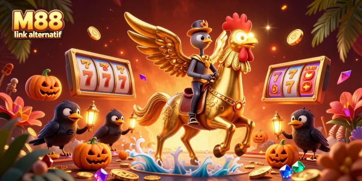 Experience thrilling M88 link alternatif action with dynamic casino elements in a vibrant 3D illustration.