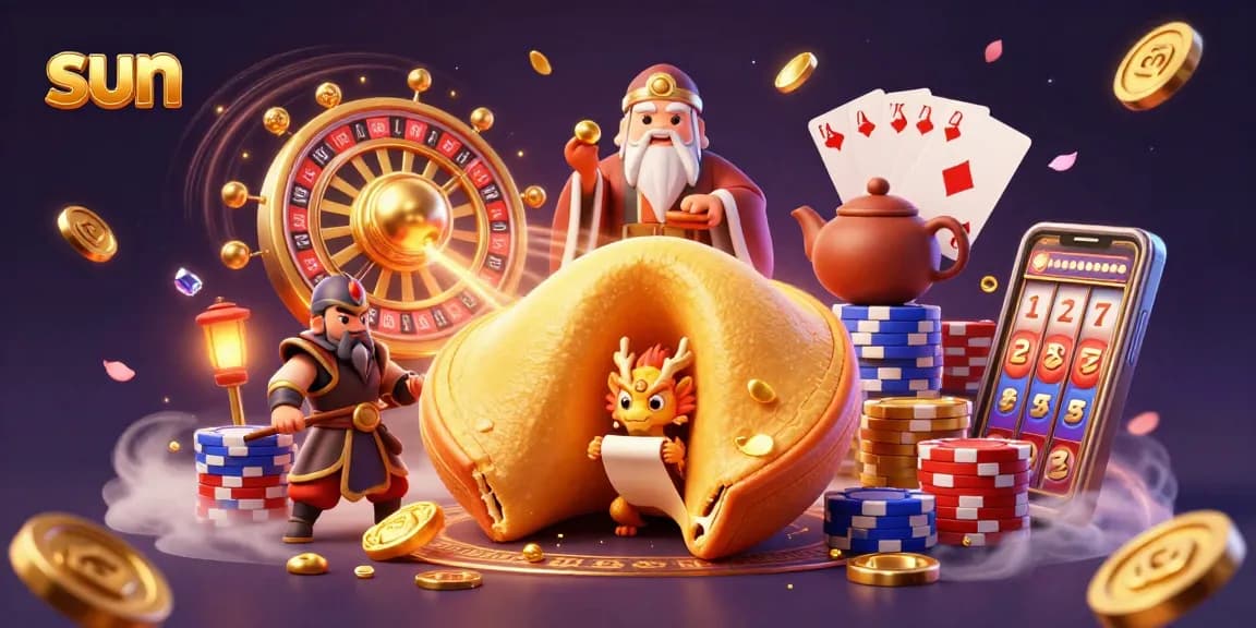 Experience the thrill of sun-themed casino action with a magical dragon, coins, and cards.