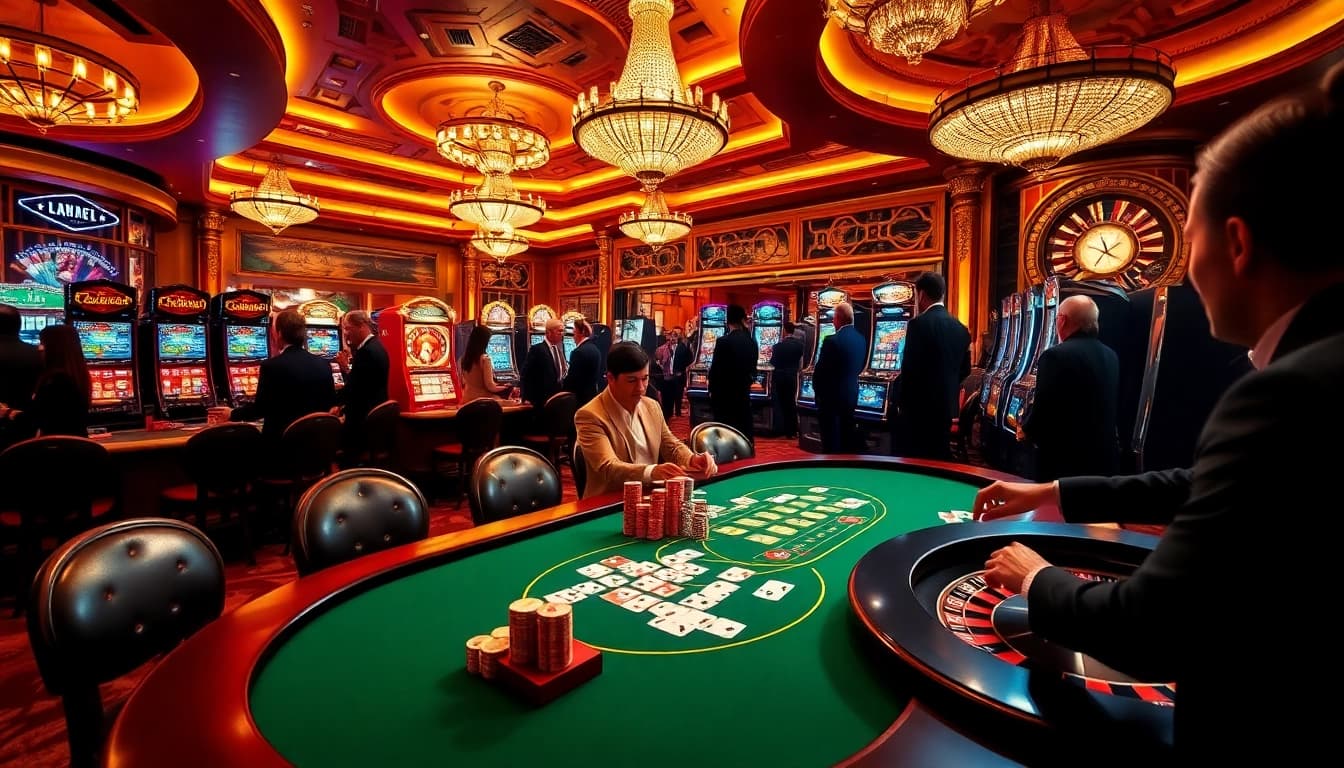 Experience excitement at KJC TRUMPSHOP with vibrant gaming tables, poker chips, and spinning roulette wheels.
