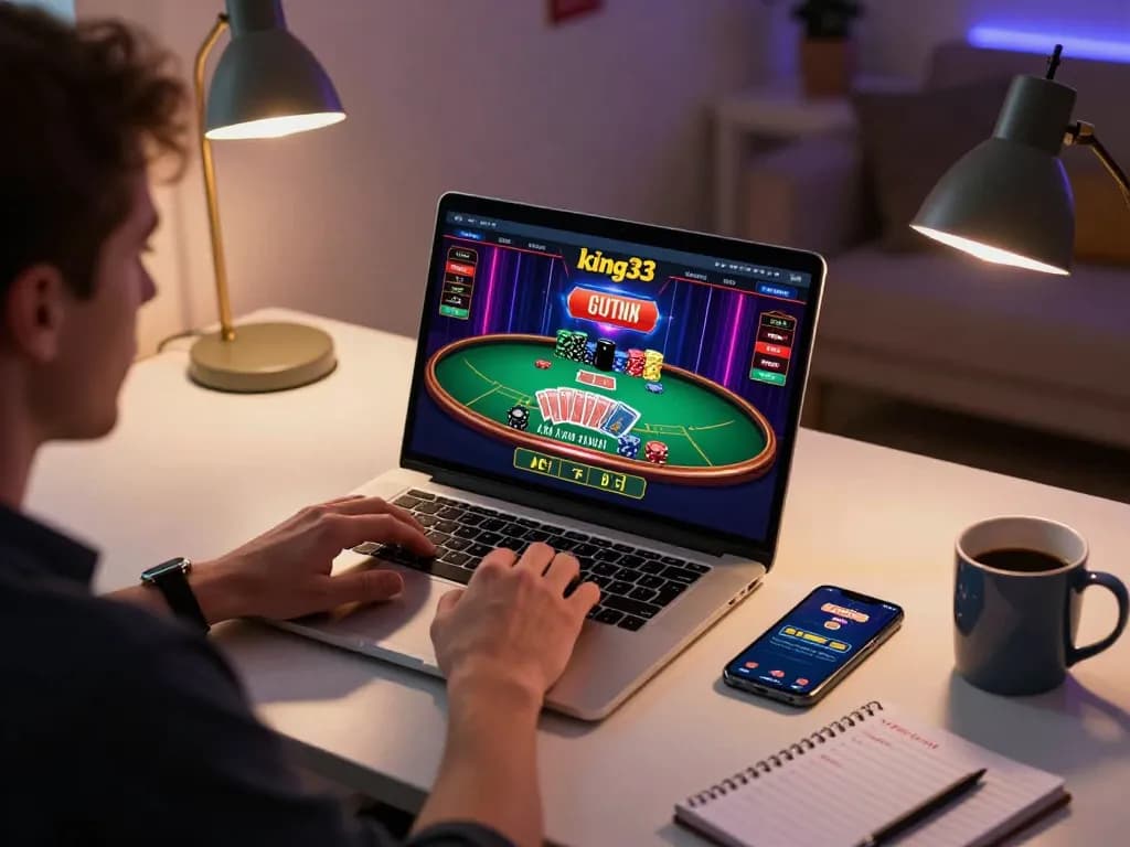 Engaged player explores king33 live casino game interface on laptop, cozy home setting highlighting online gaming.