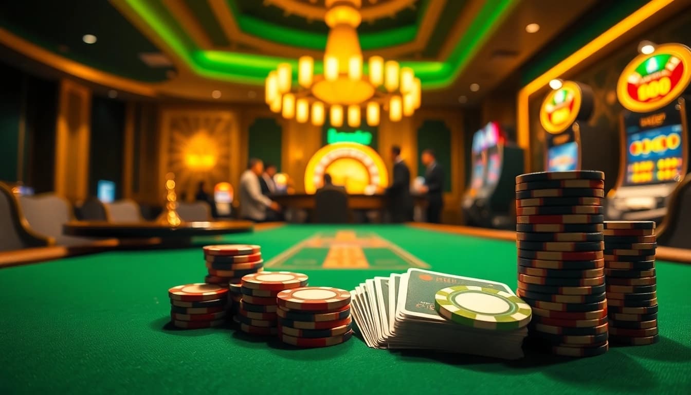 Experience the thrill of Bem88 at a luxurious poker table with vibrant poker chips.