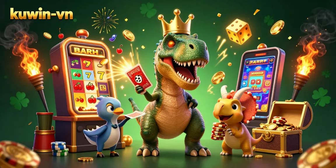 Engage with kuwin-vn through exciting casino gameplay with T-Rex card shuffler and treasure explosions.