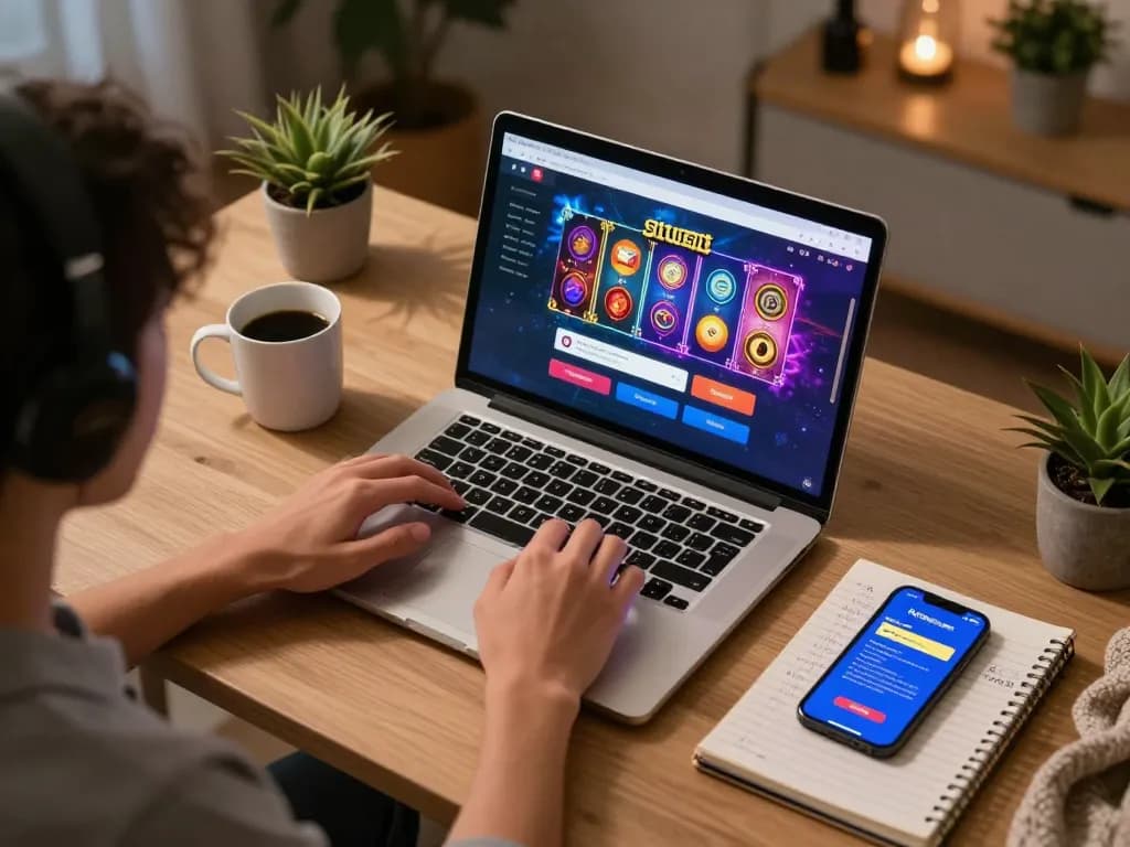 Situs slot gameplay showcased on a laptop with strategic notes visible, highlighting online betting excitement.