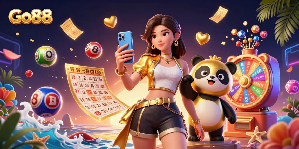 Experience the excitement of Go88 with dynamic lottery elements and festive casino characters.