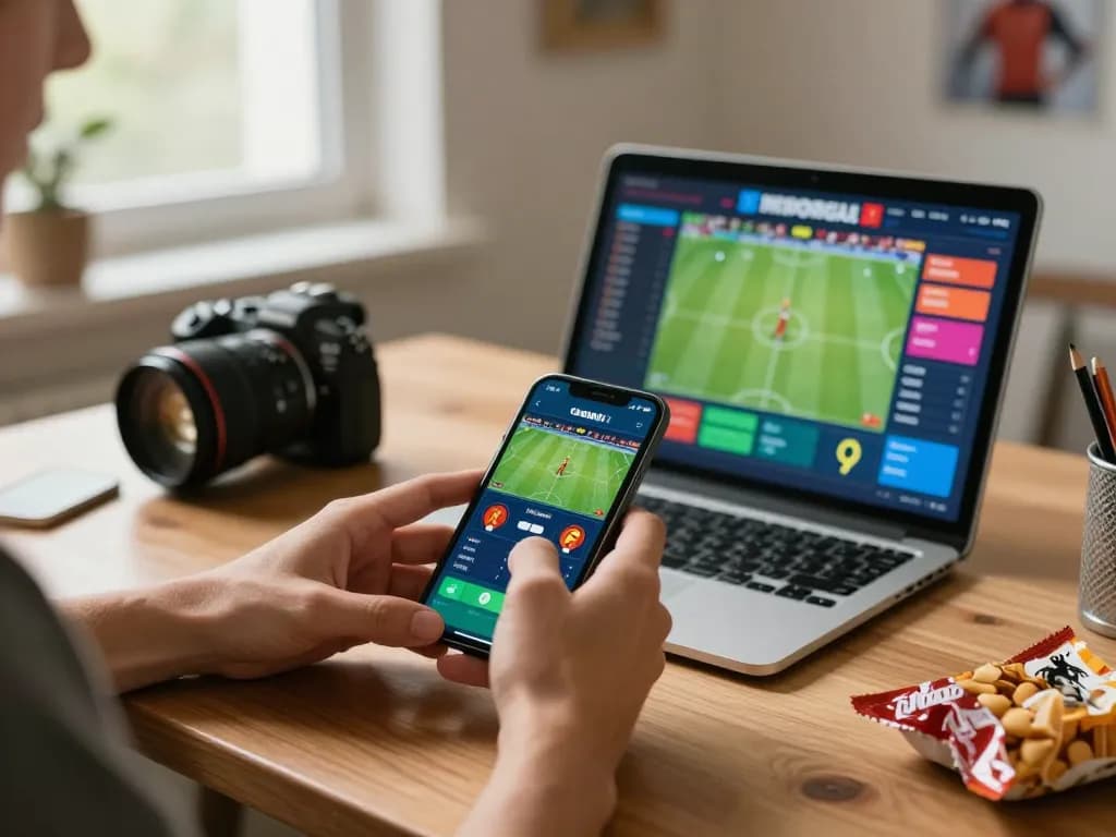 IDNSCORE sports betting app interface displayed on smartphone while placing live bets in a modern home office.