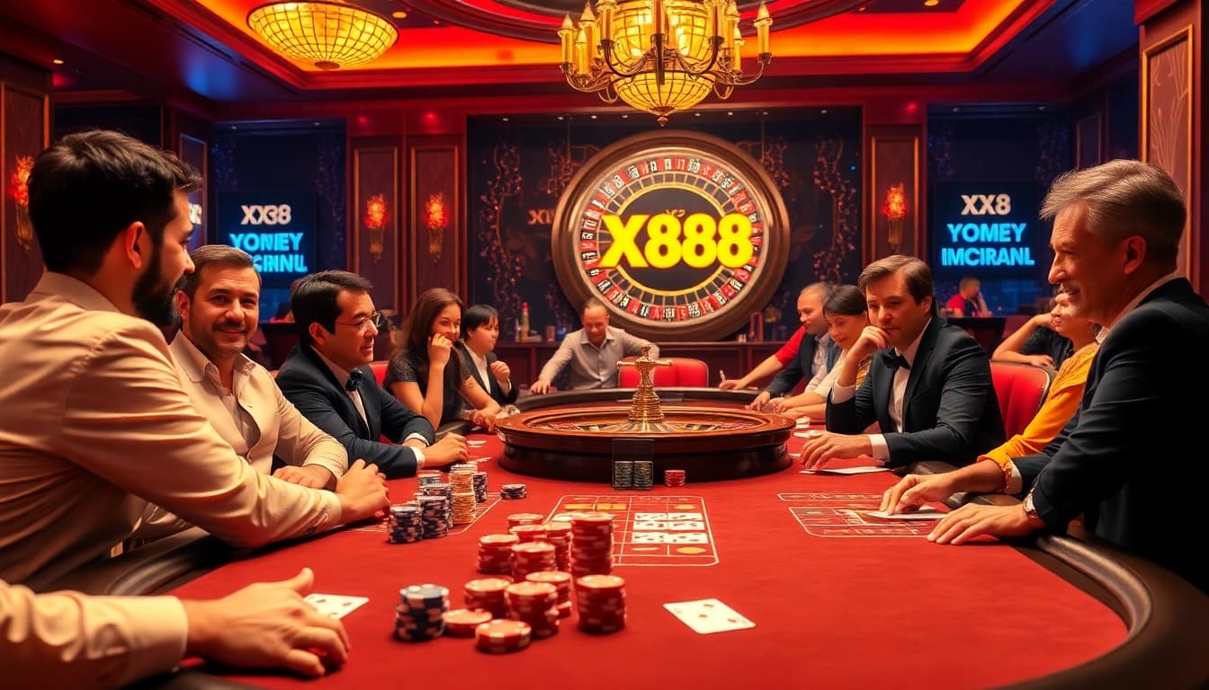Players enjoying a thrilling game at the XX88 casino table, featuring vibrant chips and cards.
