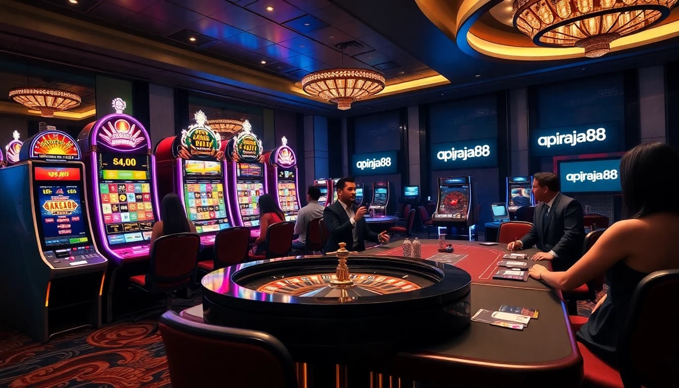 Experience the excitement of apiraja88 in a vibrant casino scene featuring slot machines and poker tables.