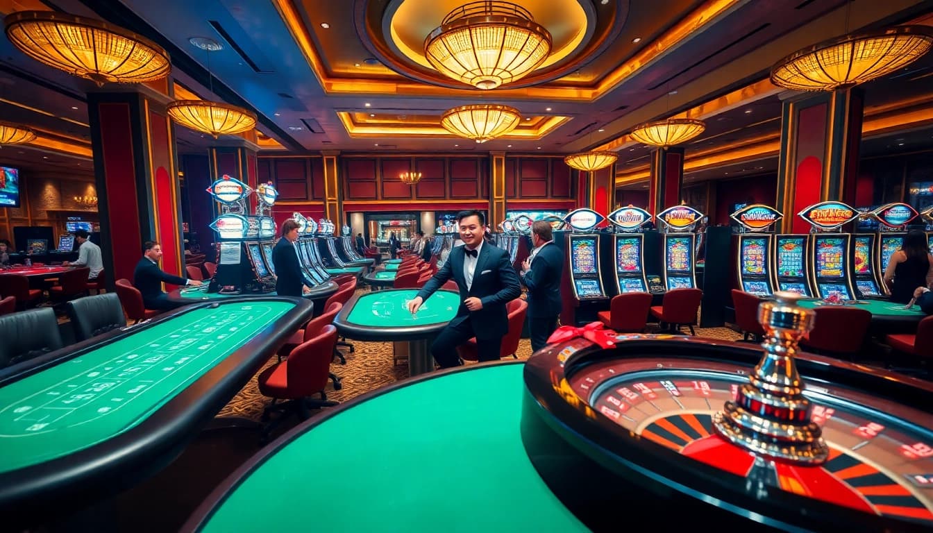 Engage in thrilling casino gameplay at RR88 with vibrant slot machines and blackjack tables.