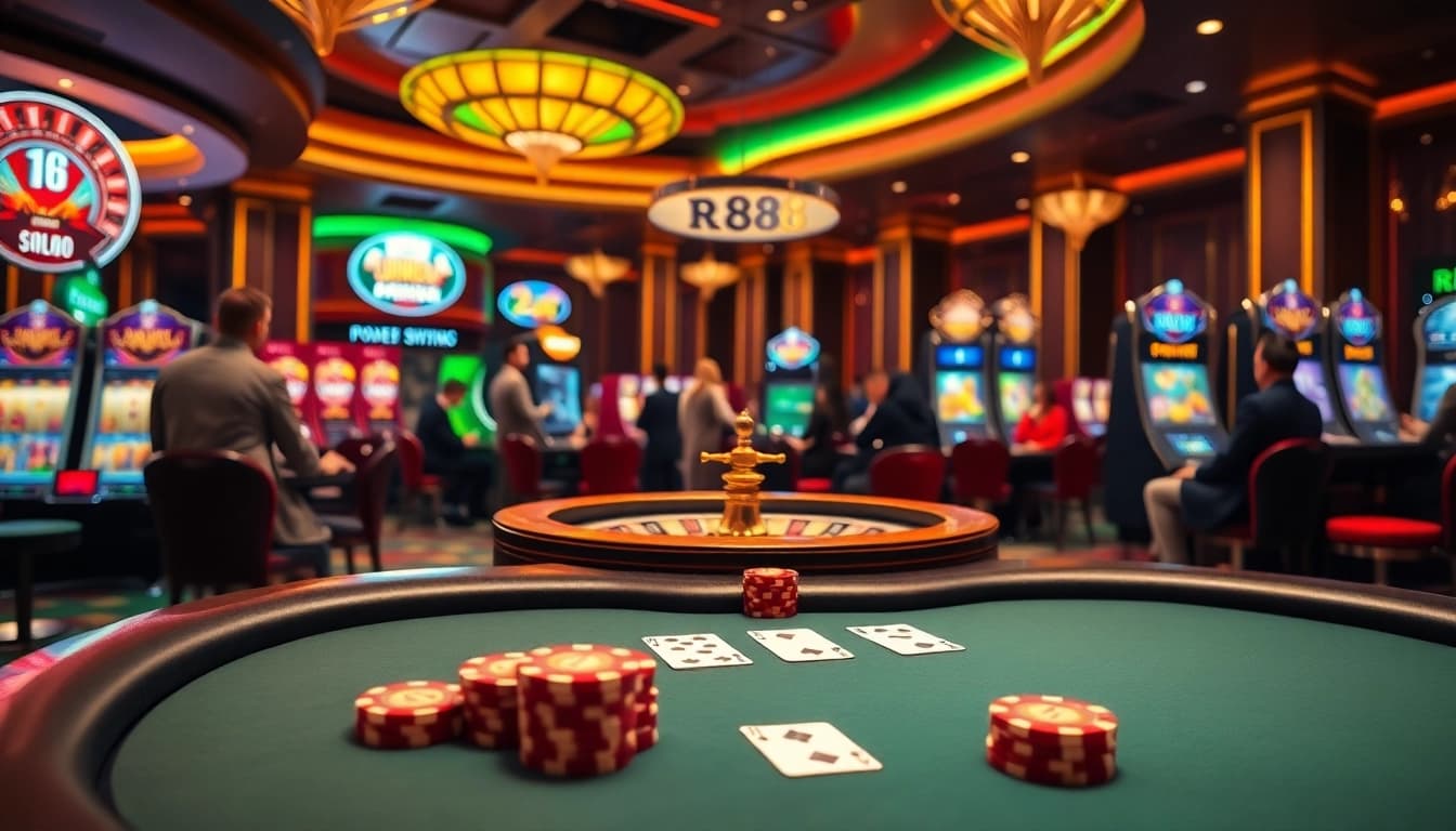 Experience the excitement of RR88 with players at a luxurious casino table, showcasing cards and bets.
