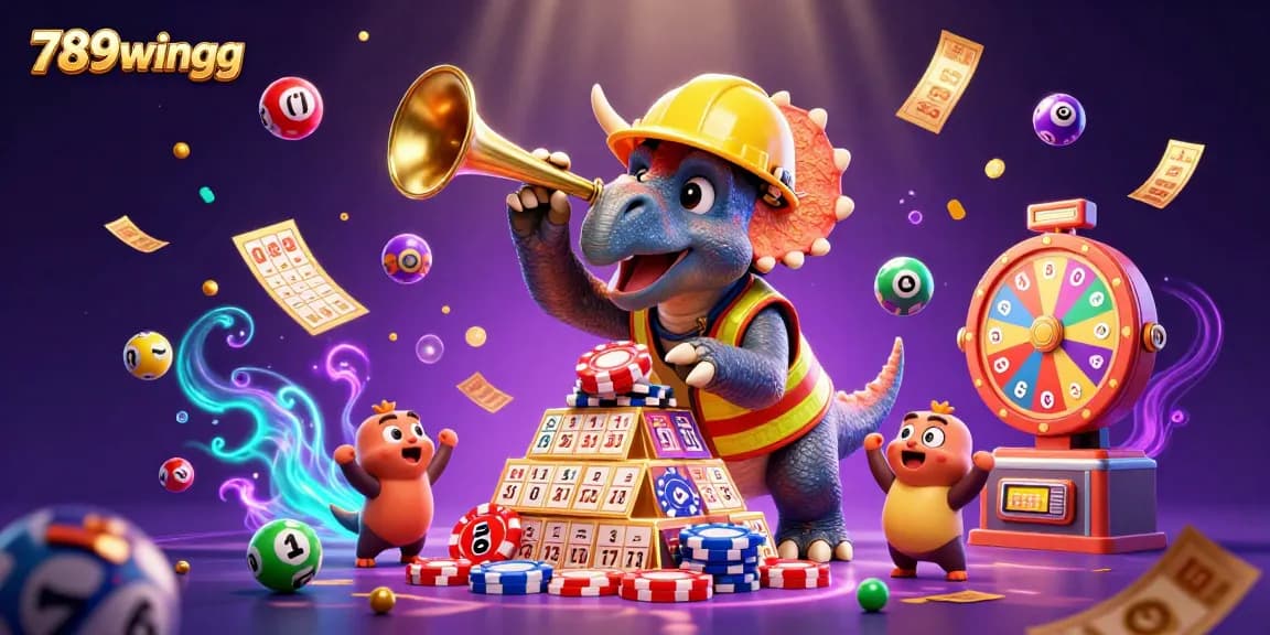 Join the excitement with 789wingg as colorful lottery elements and a jubilant triceratops create a vibrant gaming scene.