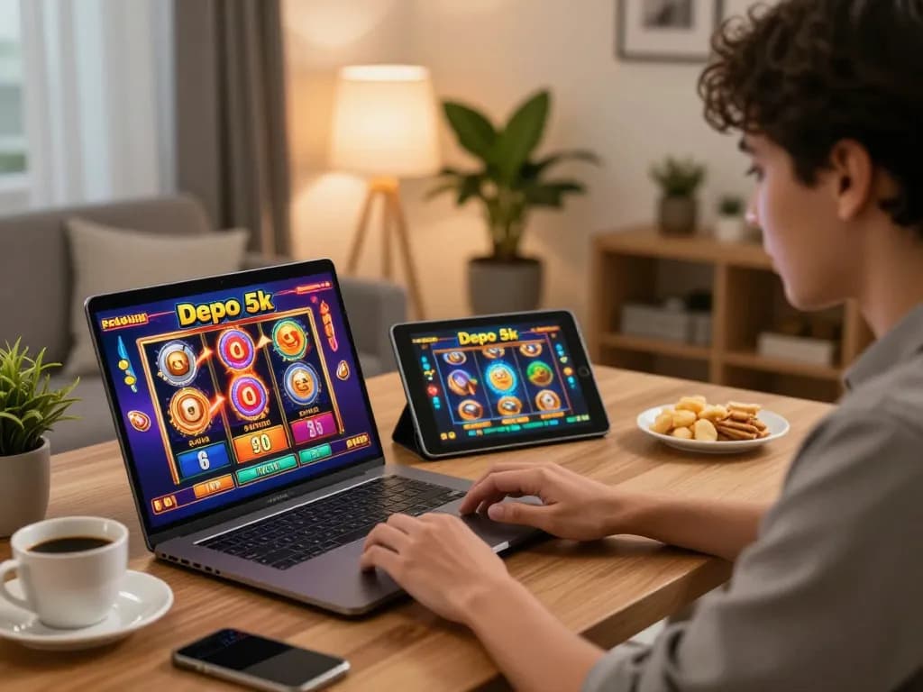 Engaged players exploring slot depo 5k games on their devices in a cozy home setting.
