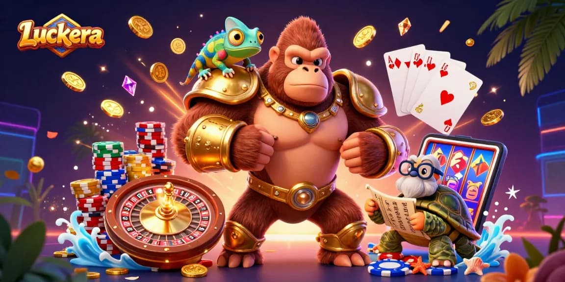 Luckera engages players with dynamic casino action featuring gold coins, roulette, and a powerful gorilla.