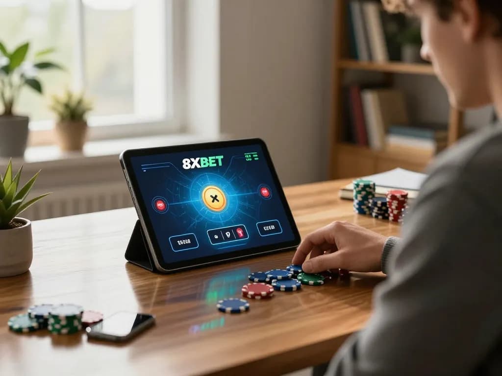Player placing bets on 8xbet poker app in a cozy home office with elegant decor.