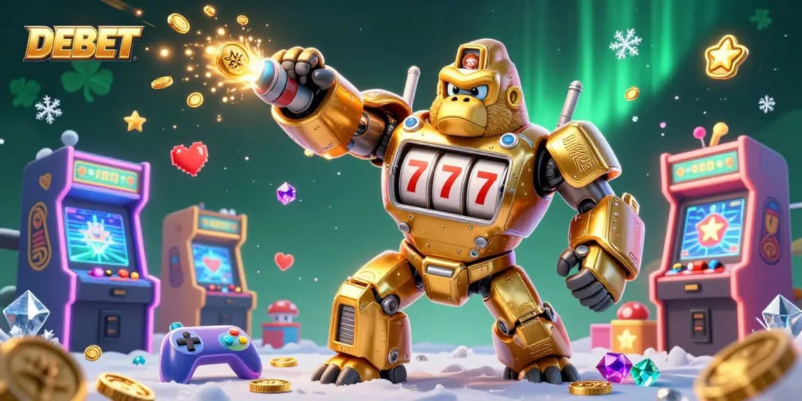 Win big with DEBET in a vibrant 3D gambling universe featuring a golden gorilla mech.