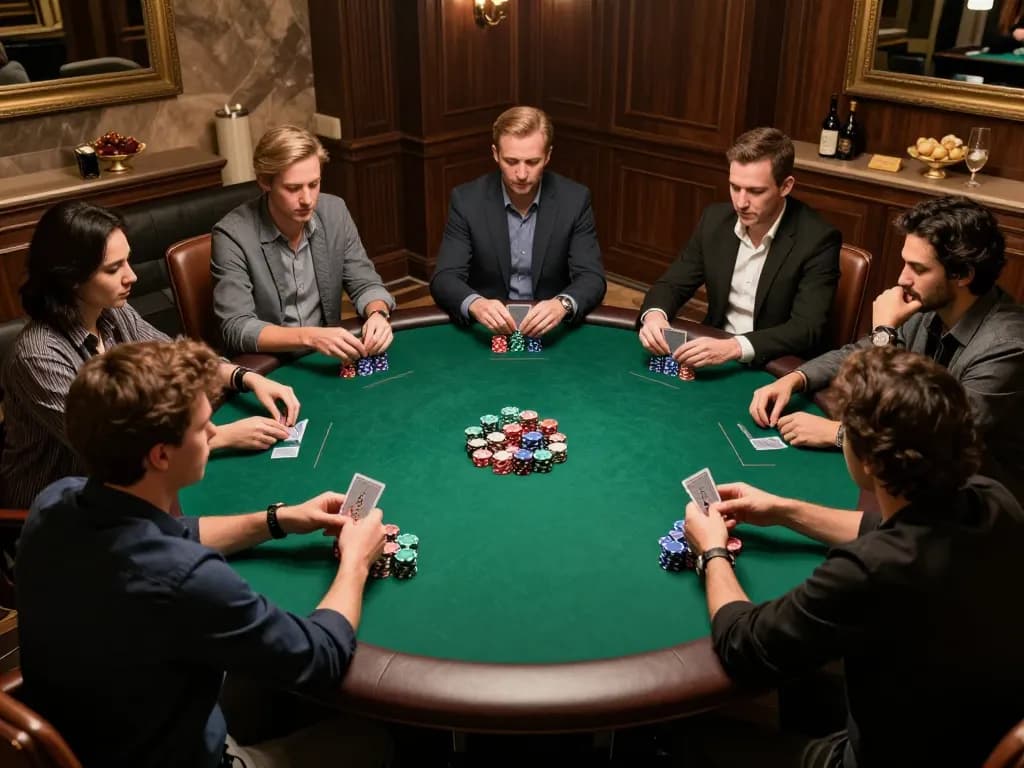 Players engaging in a strategic poker game at home, showcasing premium g28 poker chips and cards