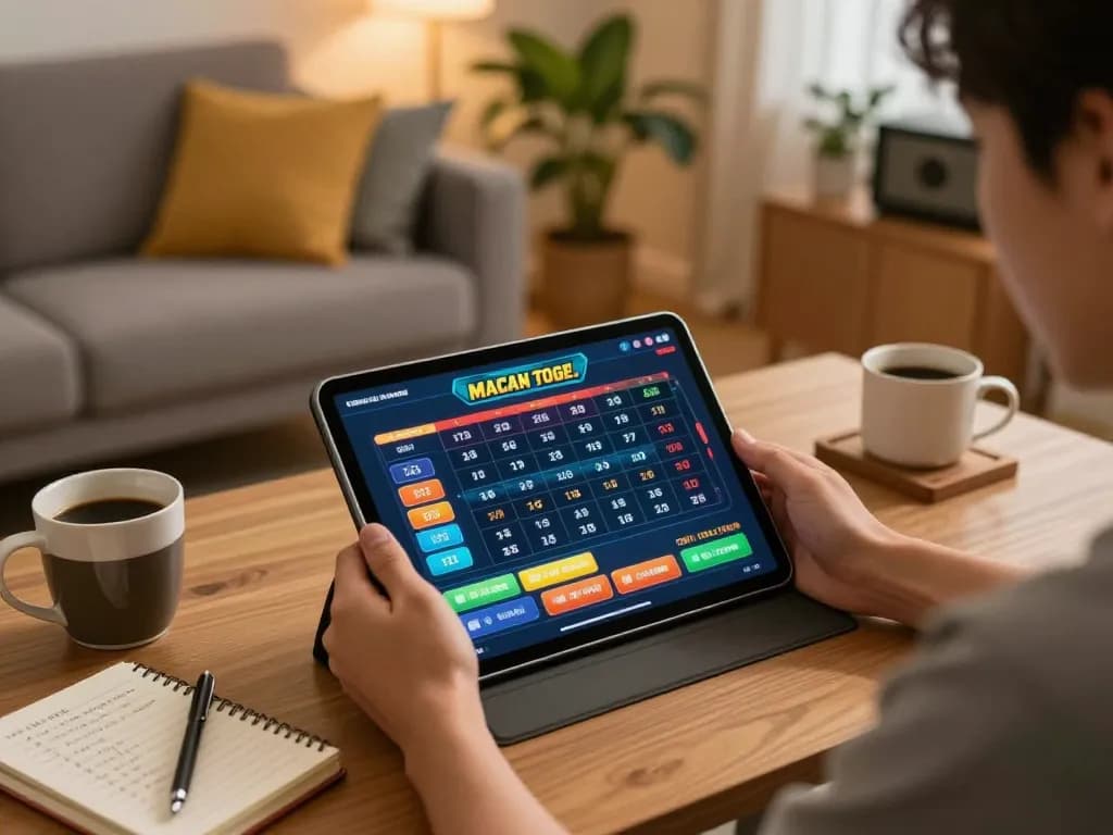 Engaging in macan togel online gaming with tablet in cozy home setup.
