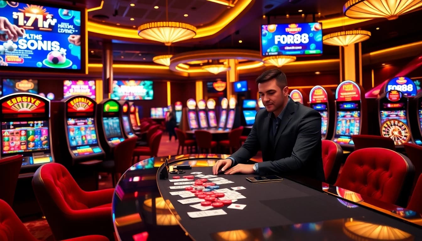 Experience the thrill of gaming at for88 with vibrant slot machines and casino tables.