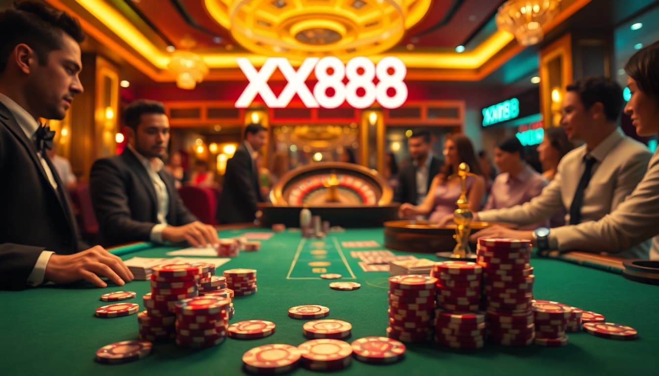 Experience thrilling gameplay at XX88's high-stakes poker tables with vibrant casino ambiance.