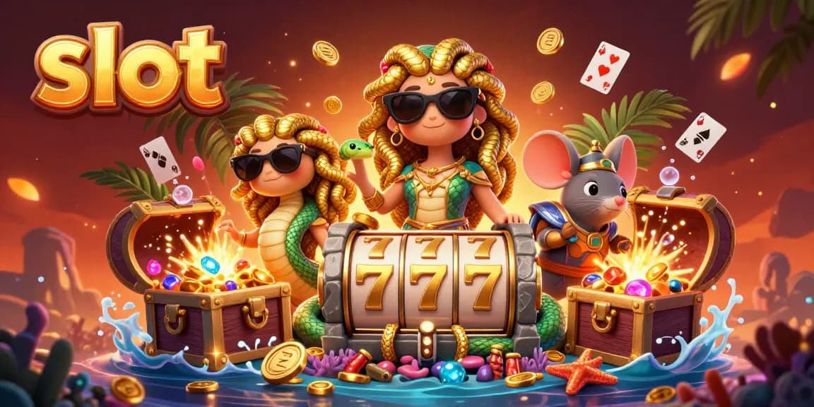 Putar slot dengan karakter Medusa dan mouse pejuang di latar bawah laut penuh harta.