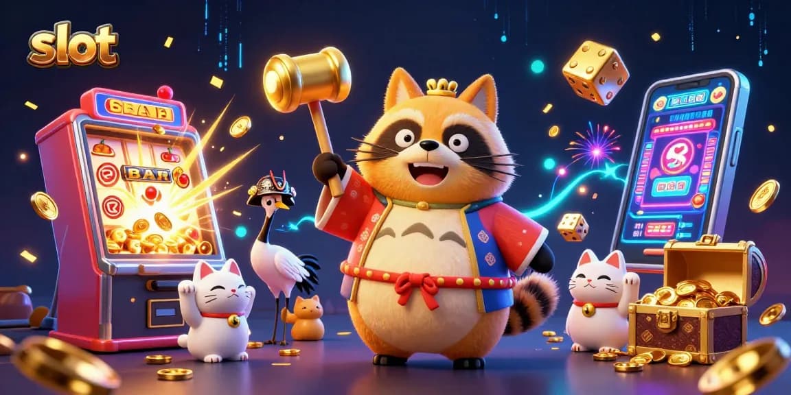 Slot bertema kasino menampilkan tanuki ceria dengan simbol keberuntungan, mesin slot, dan kucing maneki-neko.