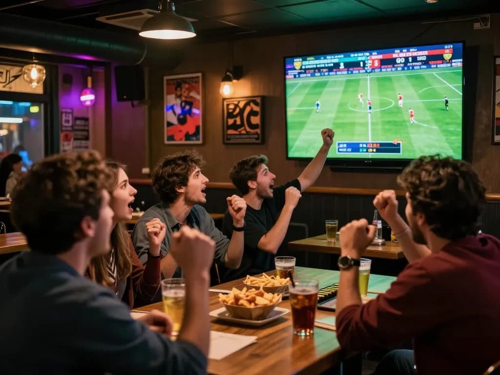Pemandangan teman-teman yang menikmati taruhan olahraga langsung dan merayakan skor dalam suasana bar olahraga yang enerjik.