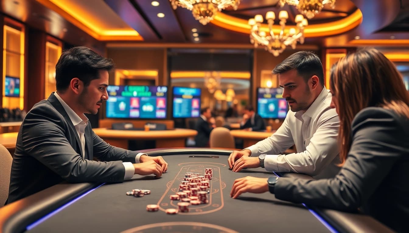 Experience the thrilling atmosphere at the GemBet Betting Site, showcasing professional gamblers at a casino table.