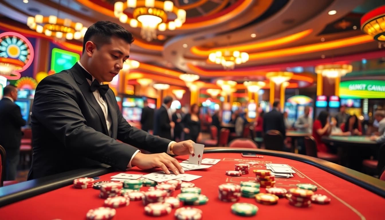 Exciting Casino atmosphere with a croupier dealing cards and vibrant gaming elements.
