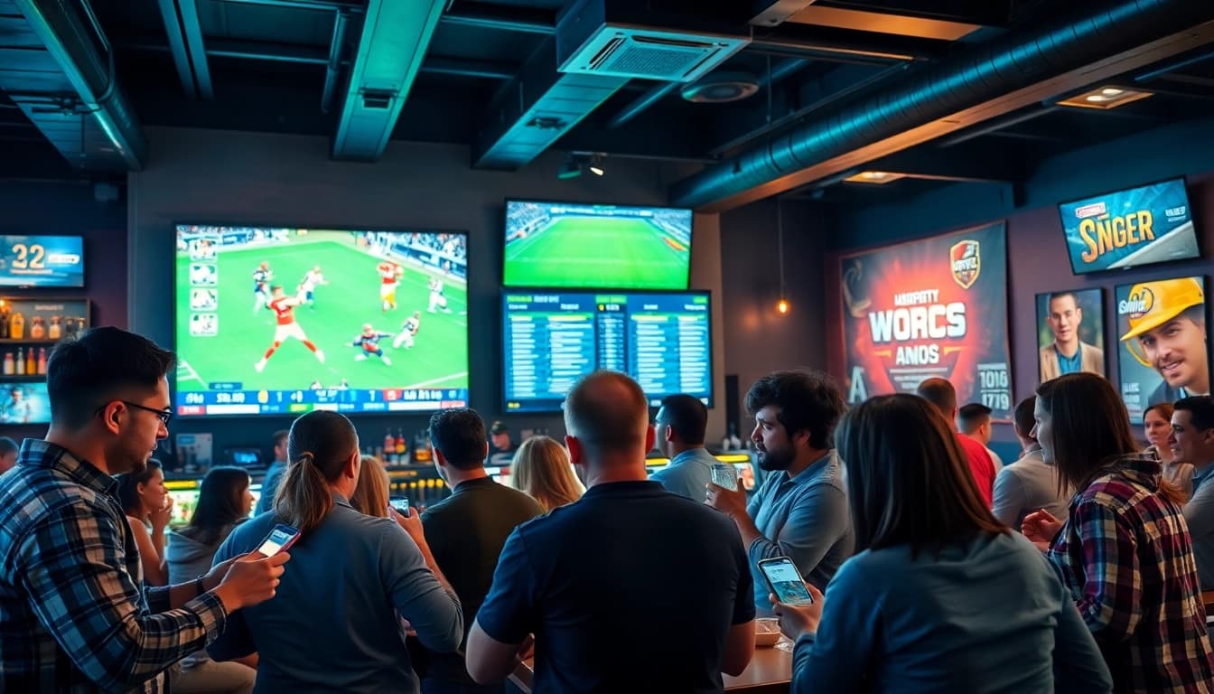 Engaged patrons experiencing Sports Betting excitement in a lively sports bar setting.