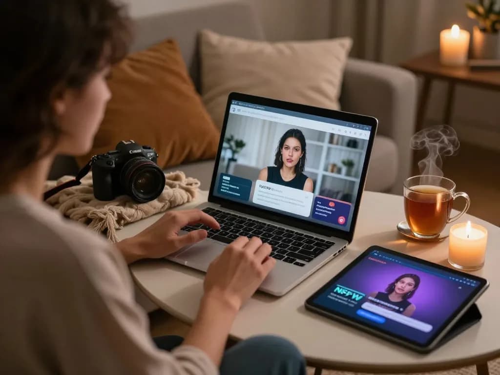 Engaging in a cozy sex chat AI experience on a laptop in a warm, inviting home setting.
