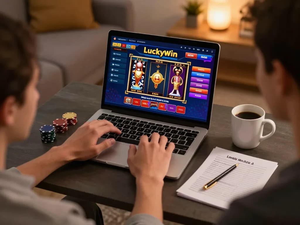 Player exploring link LUCKYWIN on a laptop, immersed in online poker action at home, showcasing a strategic gaming approach.