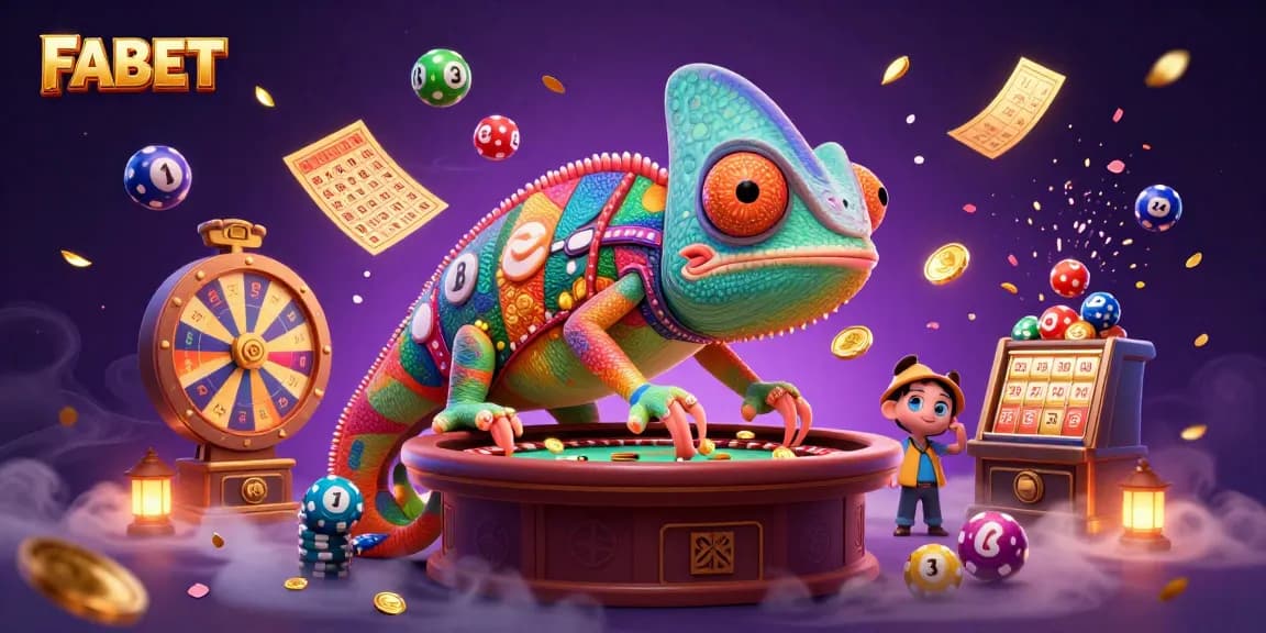 FABET chameleon casino owner surrounded by dynamic casino elements in a magical illustration