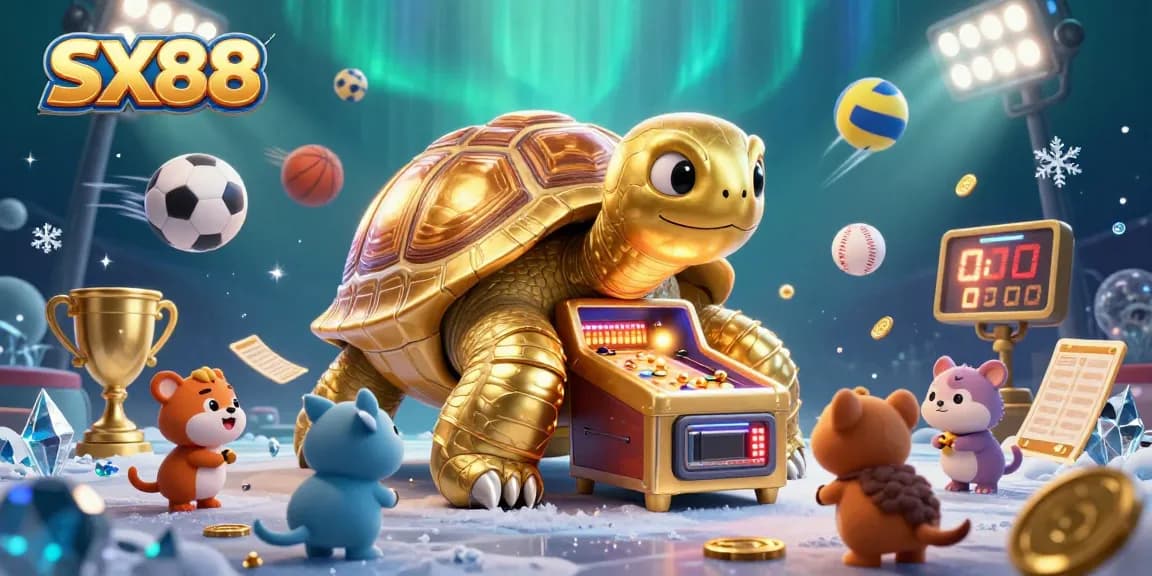 SX88 players excitedly engage with a colossal golden tortoise pinball game amidst dynamic sports elements