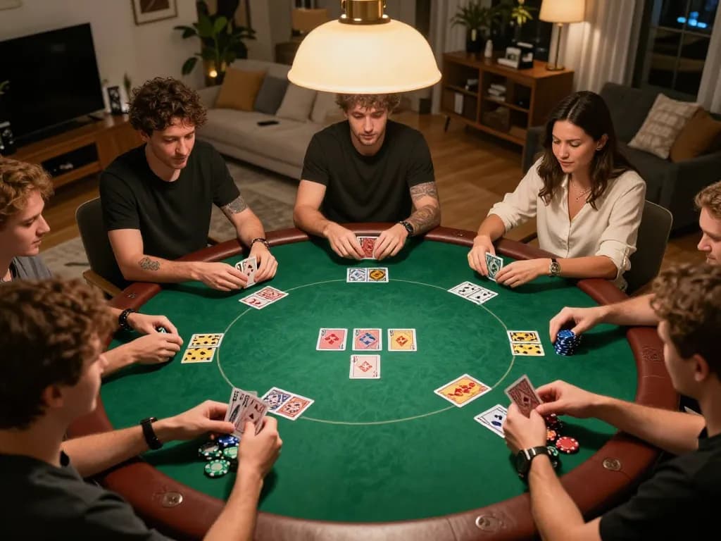 Pemain BAYITOTO terlibat dalam permainan poker di rumah yang menarik, menampilkan strategi dan interaksi sosial.