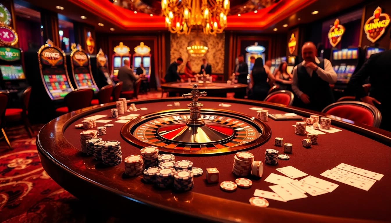 Players enjoying high-stakes poker at king33 gaming table, surrounded by luxury and excitement.