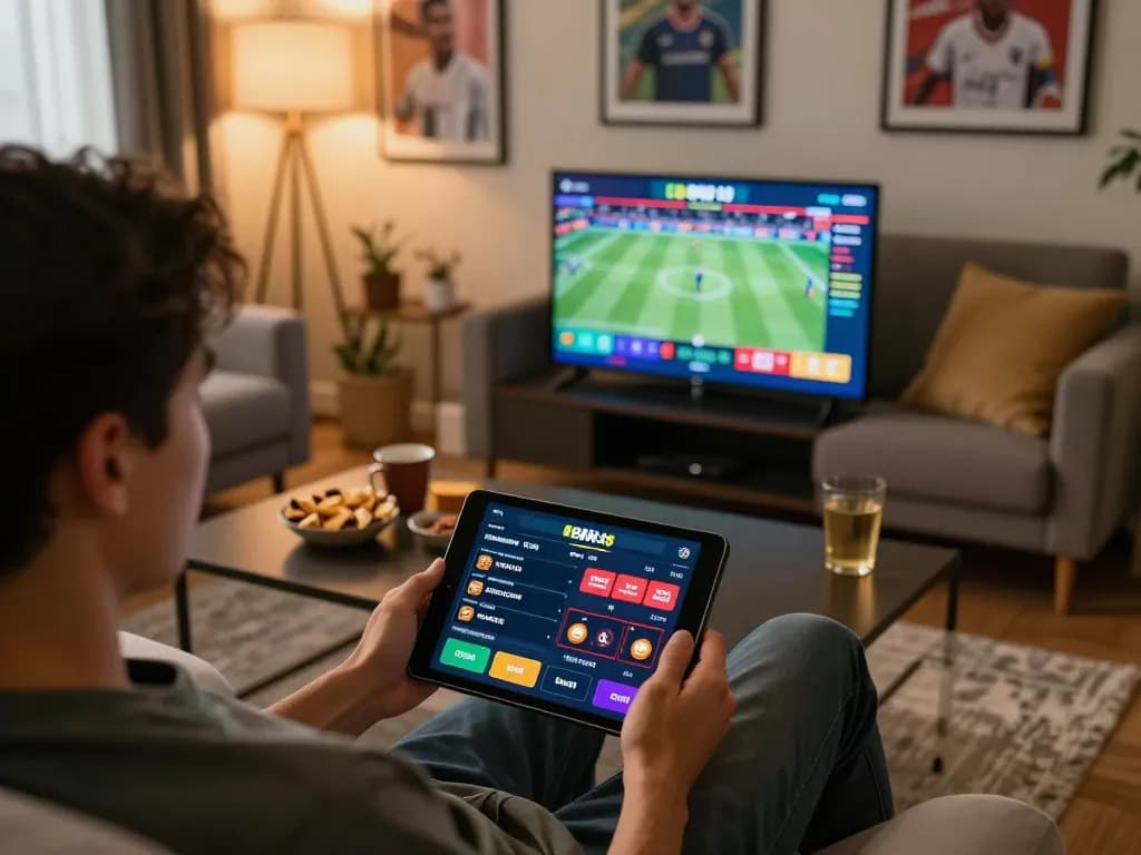Engaging in live betting on BK8 with sports options displayed on a tablet in a cozy home setting.