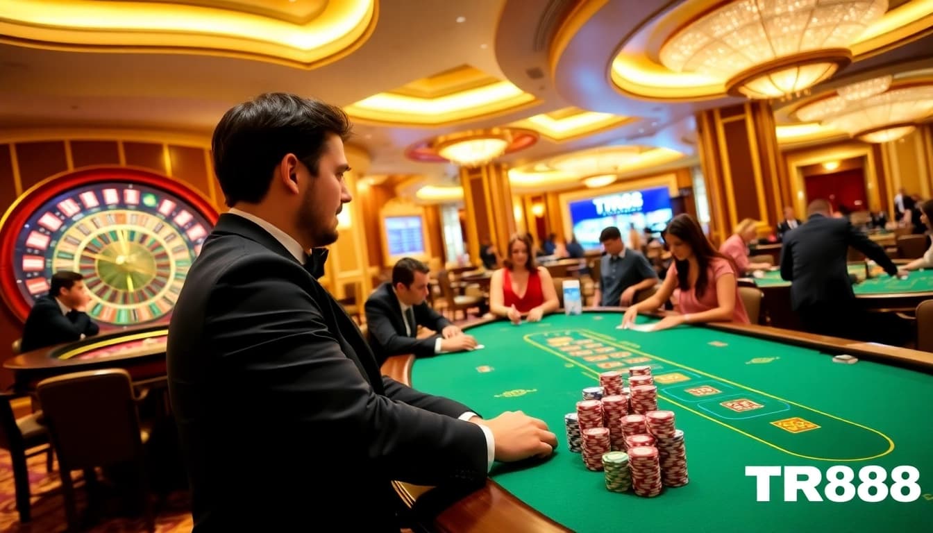 TR88 casino players enjoy a luxurious experience at poker tables amidst golden lighting.