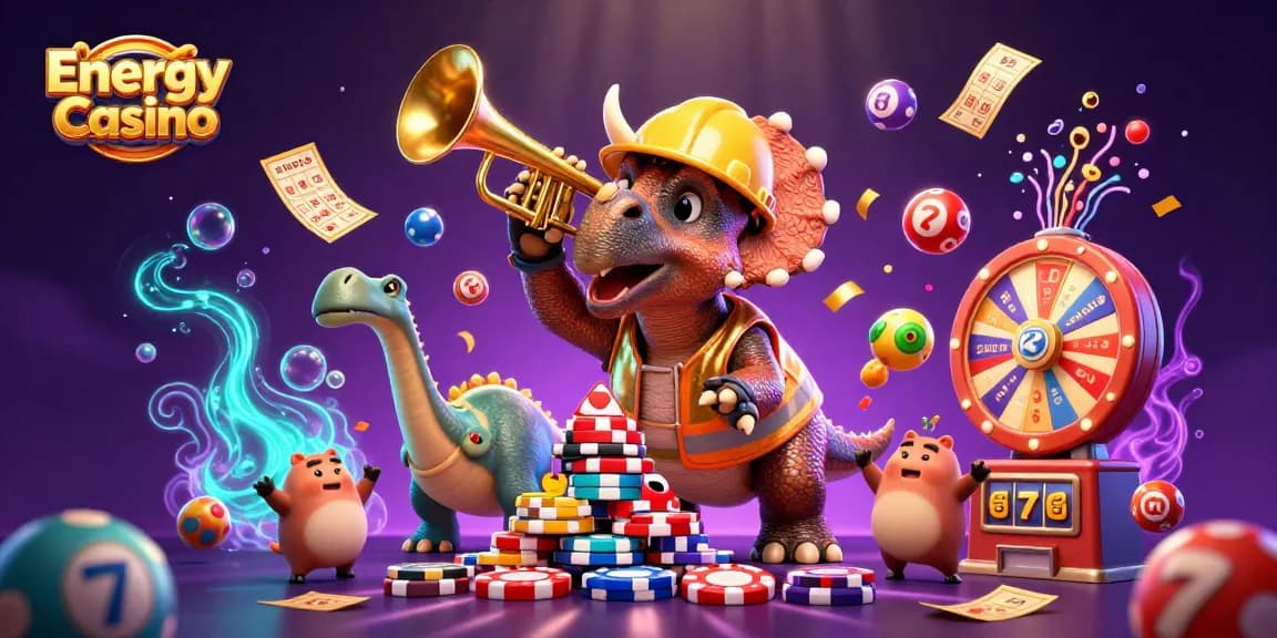 Az Energy Casino színes póker zsetonokkal és nyerőgépekkel teli ünneplő 3D karakterek.