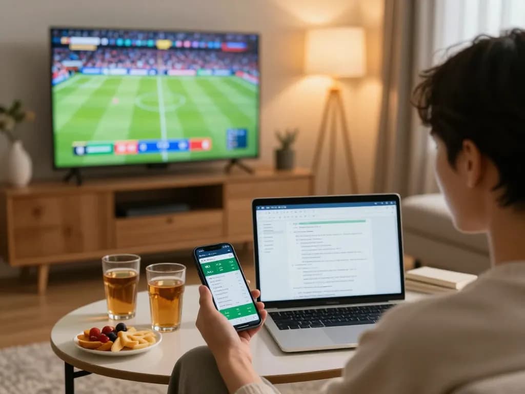 Engaging in IWIN sports betting from home with a live event displayed and a betting app on smartphone.