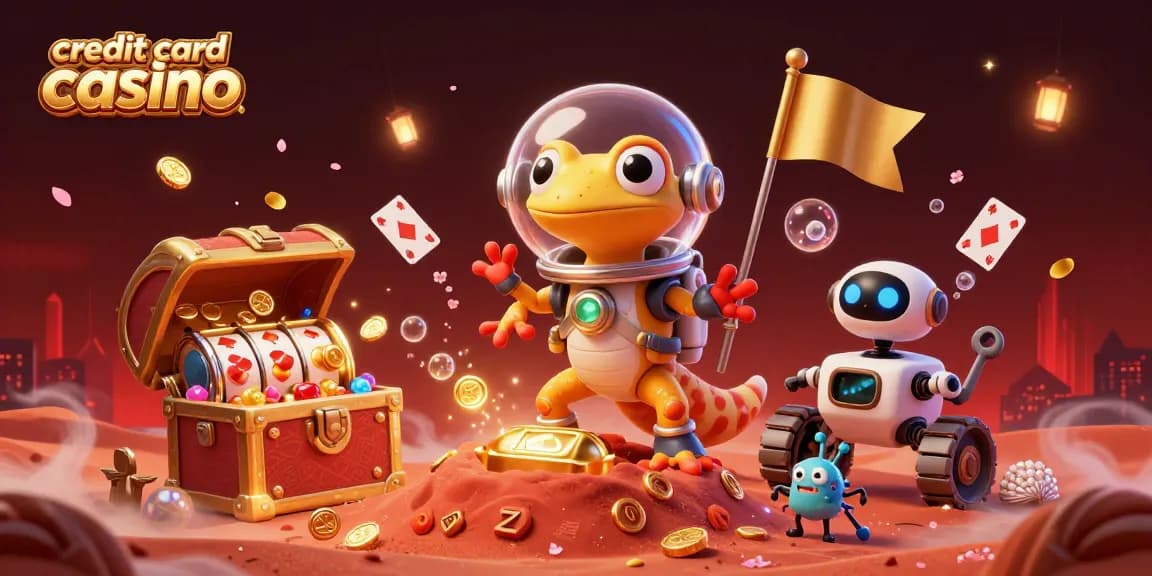 Engage in thrilling action at a vibrant credit card casino featuring a Martian gecko and robot in a dynamic scene.