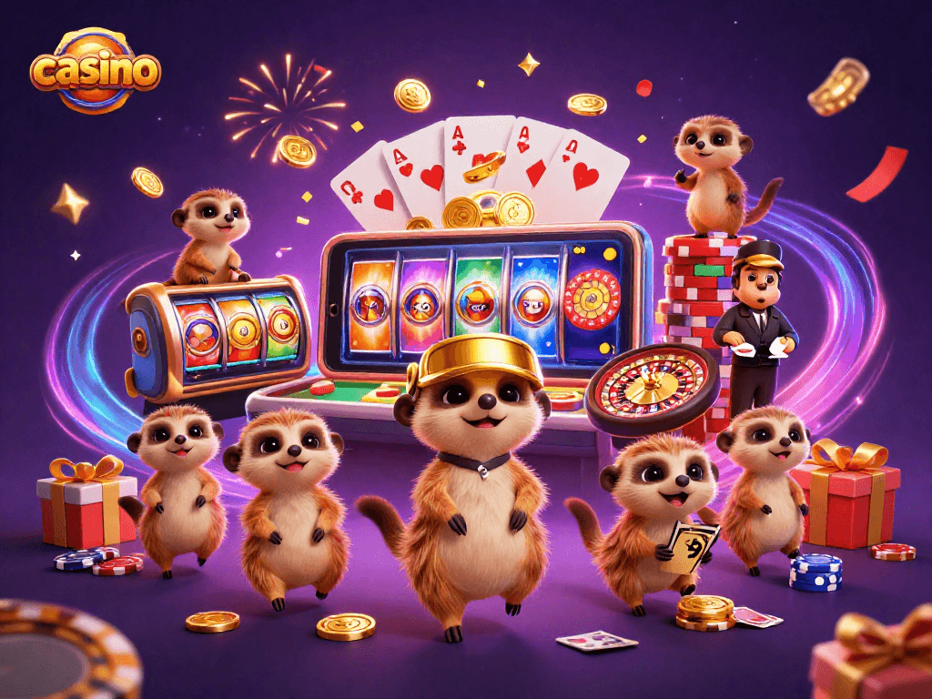 A dynamic casino scene with meerkats managing games, showcasing colorful slot action and vibrant gaming elements.