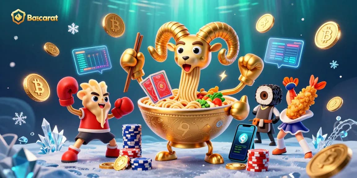 Baccarat fun with a giant golden ramen bowl dealing cards amidst vibrant neon crypto elements in a dynamic casino scene.