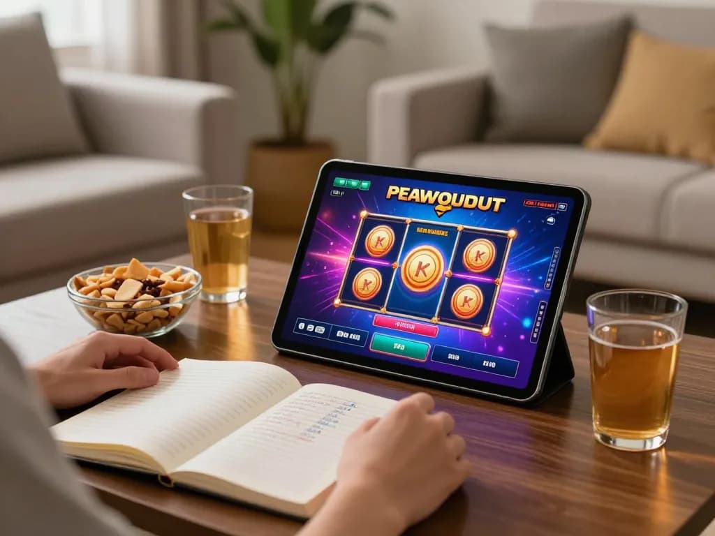 Engaging kdslot gameplay on tablet in a cozy setting with warm lighting and strategic notes