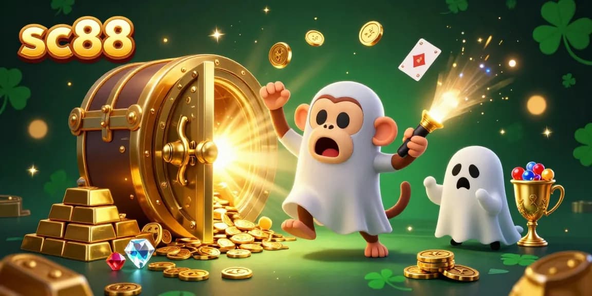 sc88 showcases a lively 3D haunted casino scene featuring a playful monkey and ghost-hunter puppy.